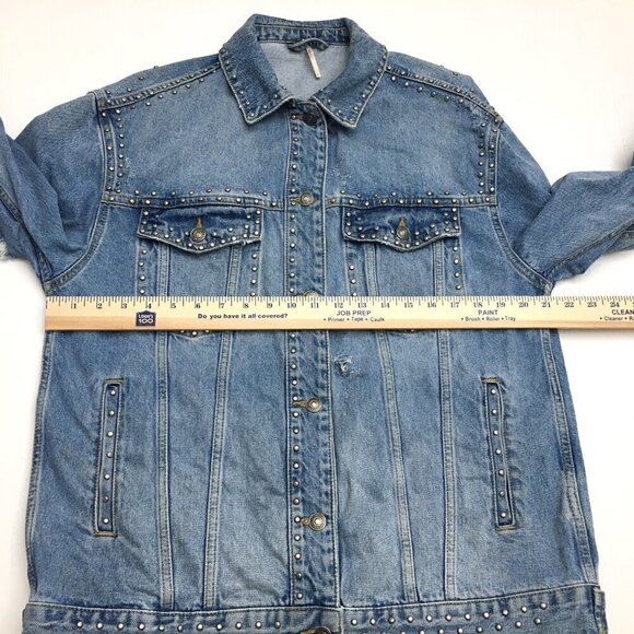 Free People Women's Denim Jean Jacket Studded Oversized Trucker Distressed M - Picture 6 of 12